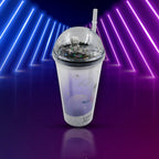 A vibrant blue astronaut tumbler with an LED glow, featuring a space-themed print and a straw.