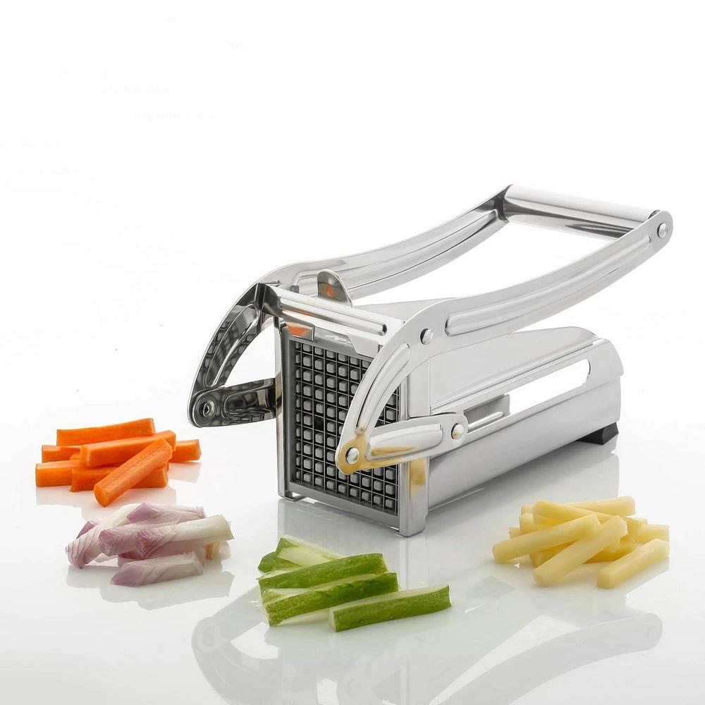 Close-up view of the sharp blade effortlessly slicing potatoes into perfect French fries.