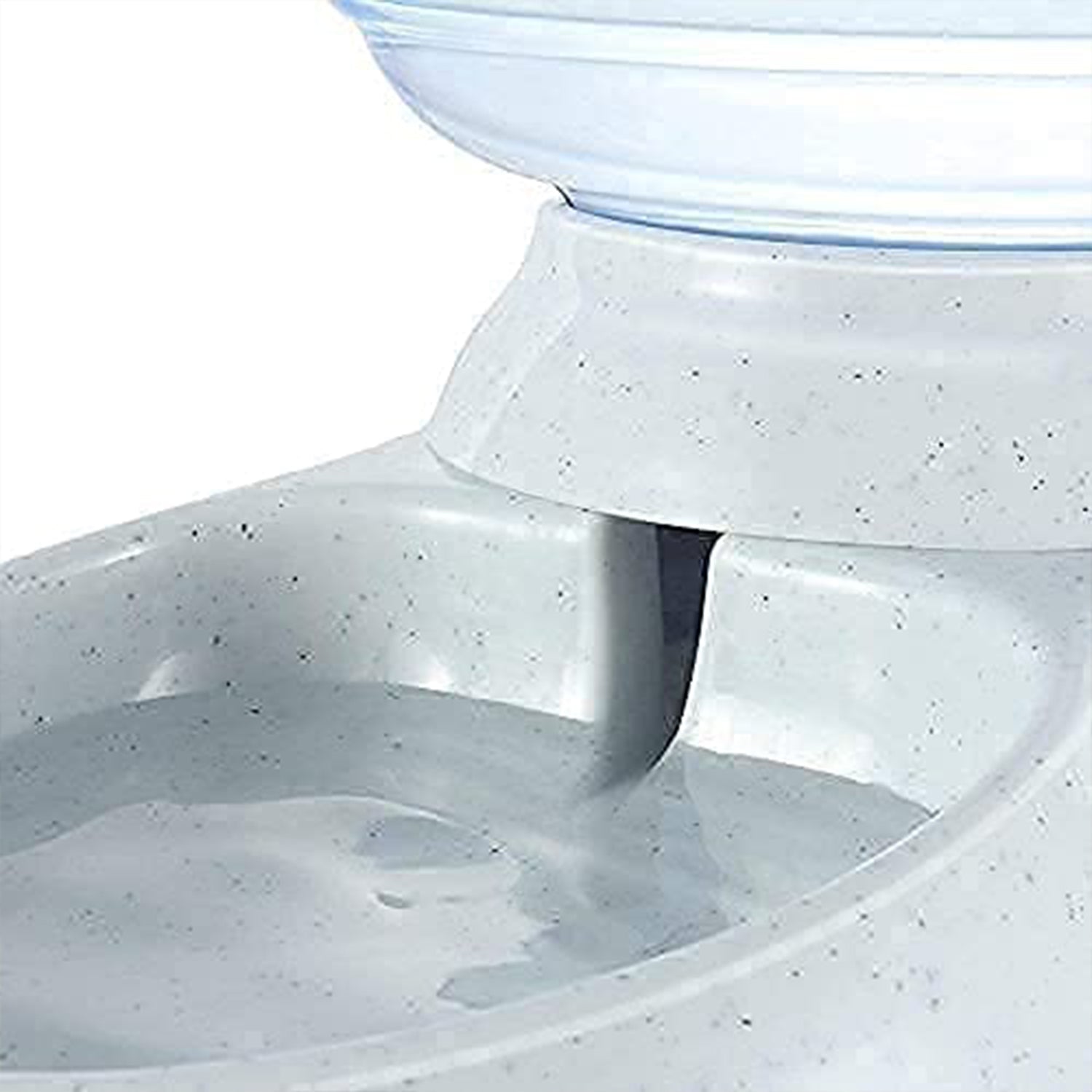 Angled view of the automatic pet water and food dispenser with its integrated food bowl.