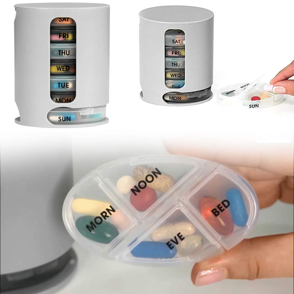 A hand placing pills into a compartment of the weekly pill organizer for daily medication.