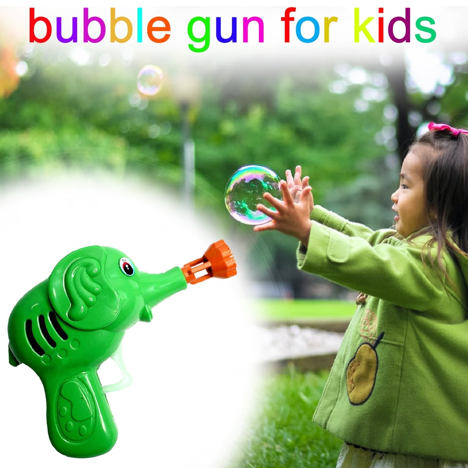 Elephant bubble gun toy depicting fun bubble blowing action