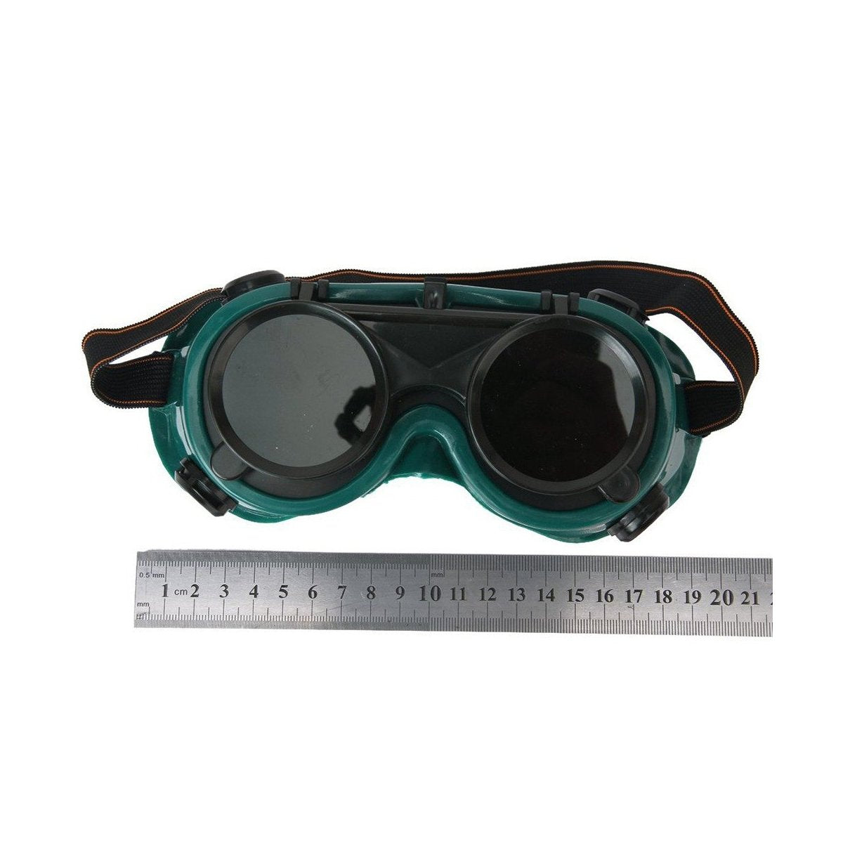 Dark green welding goggles with the outer colored lens flipped up for grinding or inspection.