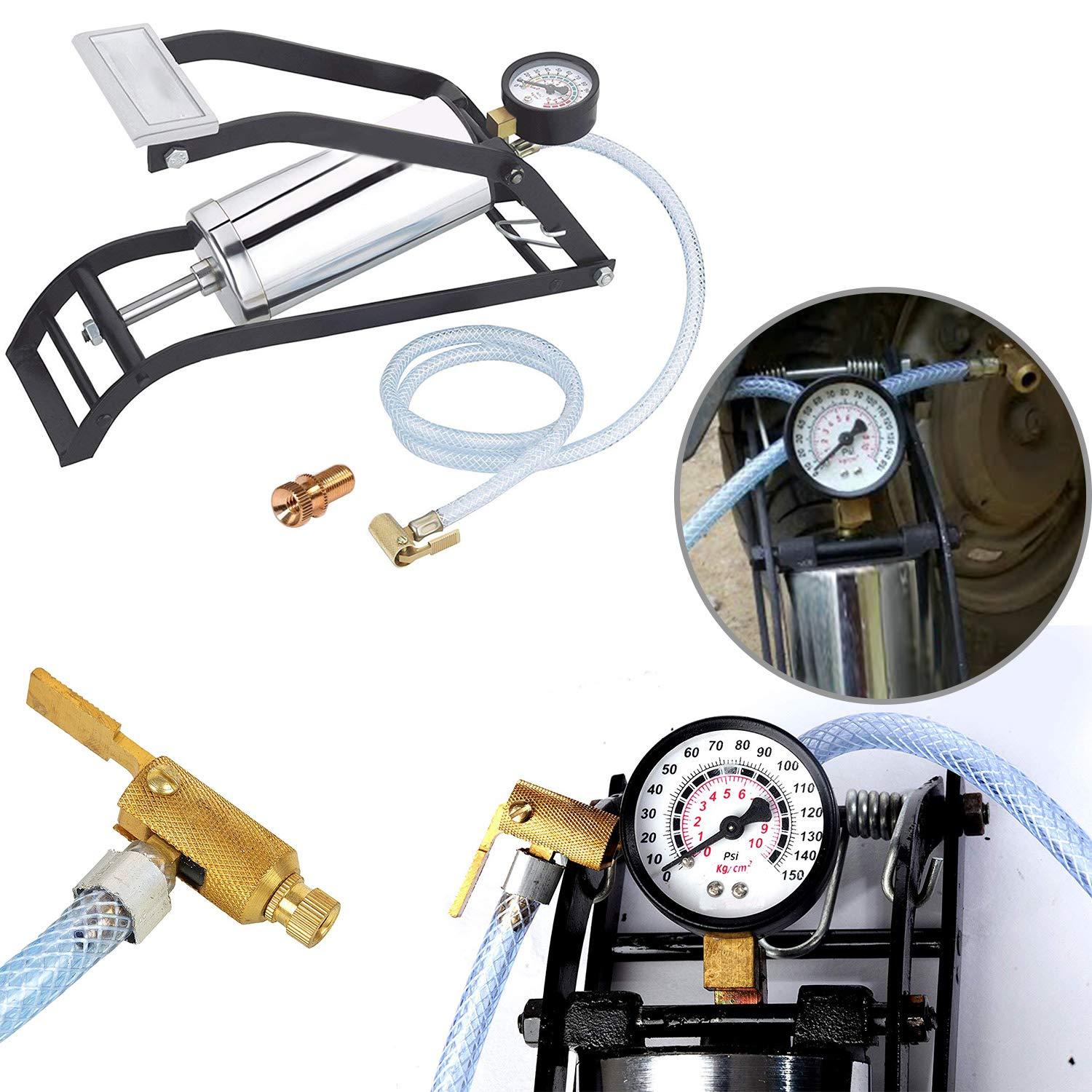 Versatile heavy-duty steel foot pump for inflating car, bike, and cycle tires.