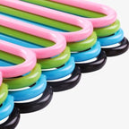 Detail of the non-slip arms on the multi-layered plastic clothes hanger.
