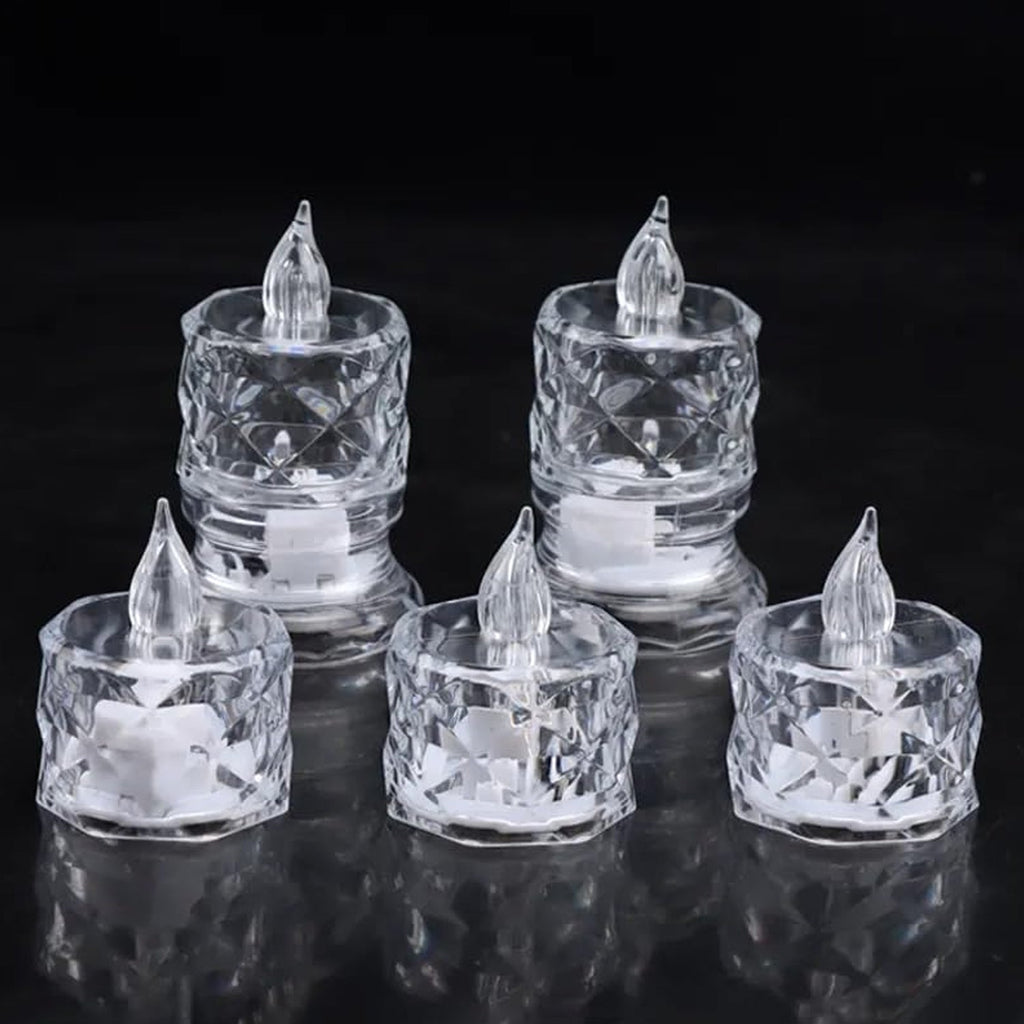 Transparent LED tea lights casting a soft, safe light for any occasion.