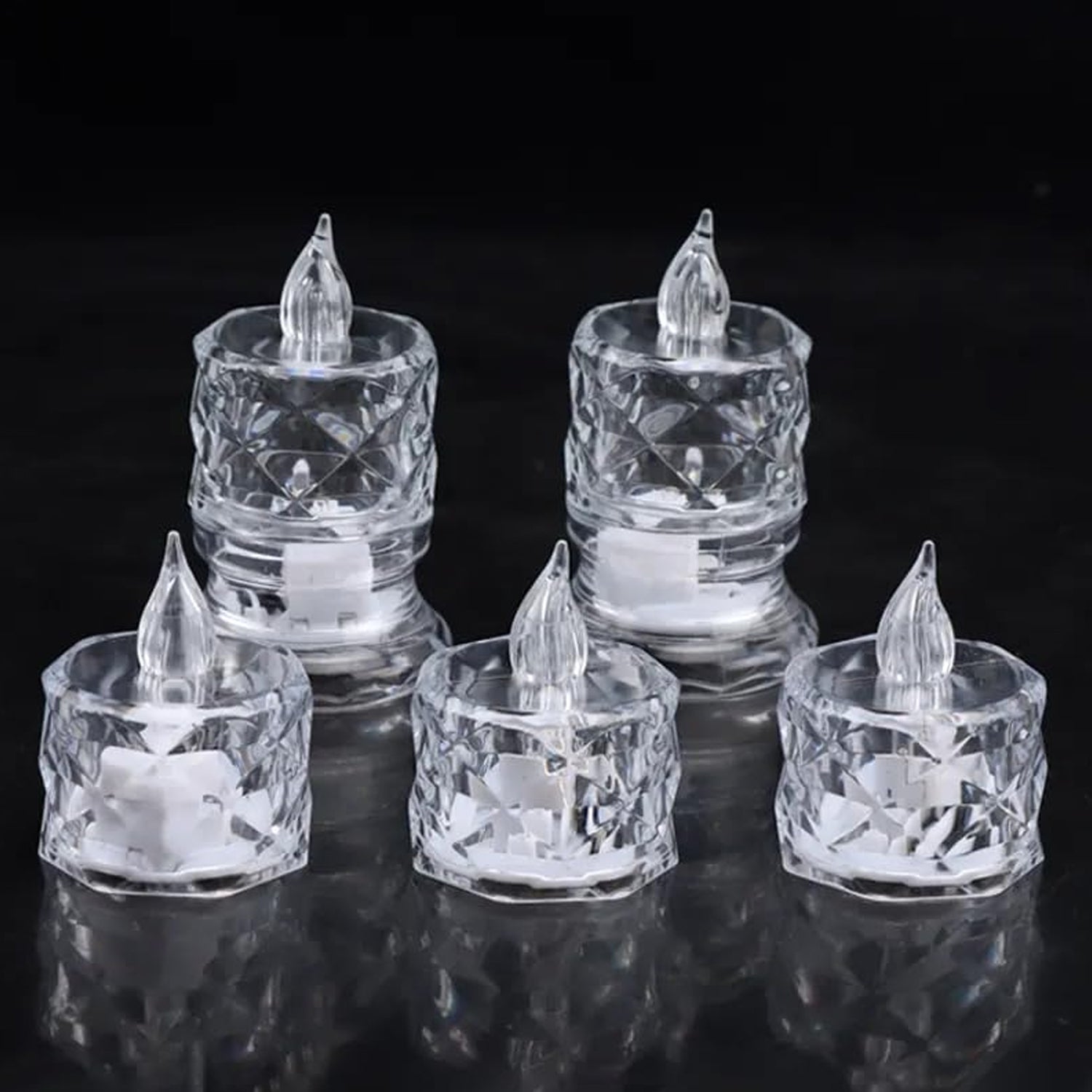 Transparent LED tea lights casting a soft, safe light for any occasion.