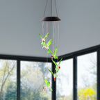 Multicolor LED glowing hummingbird wind chime shining at night