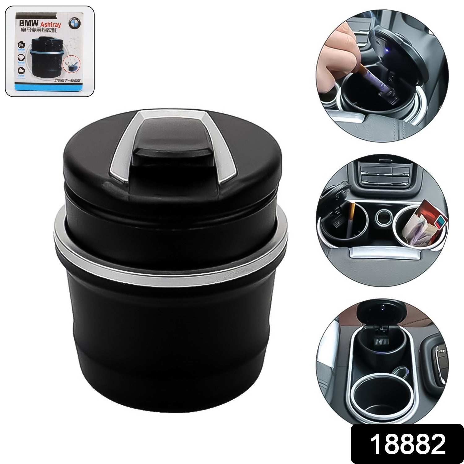 Car ashtray showing lid open for ash disposal