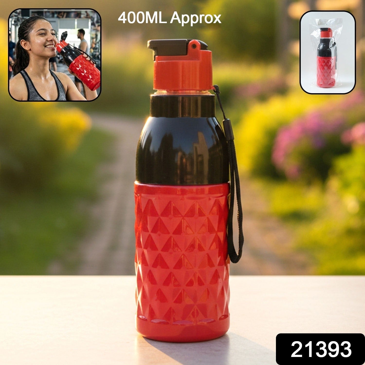 Side view of 400 ML sports water bottle showing carry strap