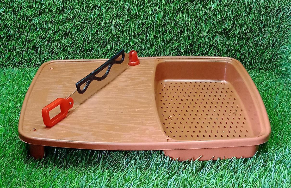 Sturdy plastic cutting board with holder, ready for everyday kitchen tasks.