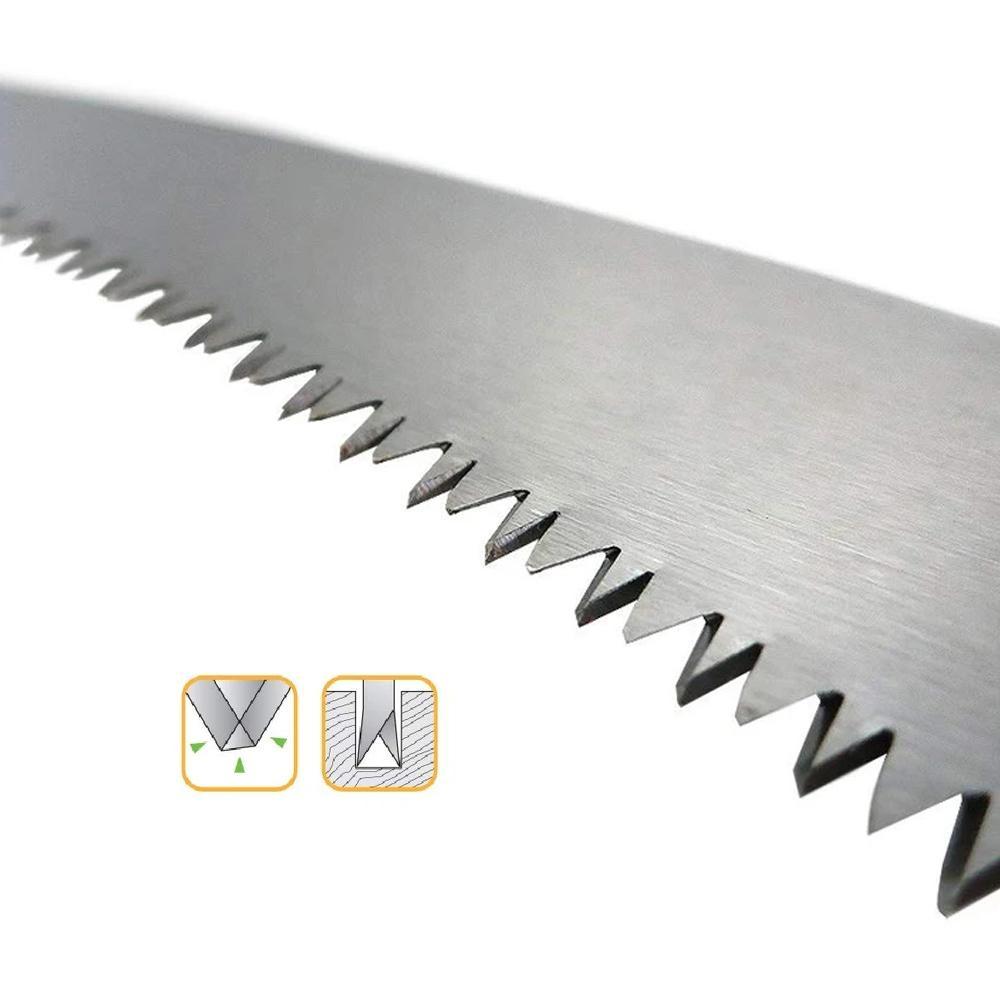 The robust folding saw handle with non-slip rubber grip.