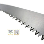 The robust folding saw handle with non-slip rubber grip.