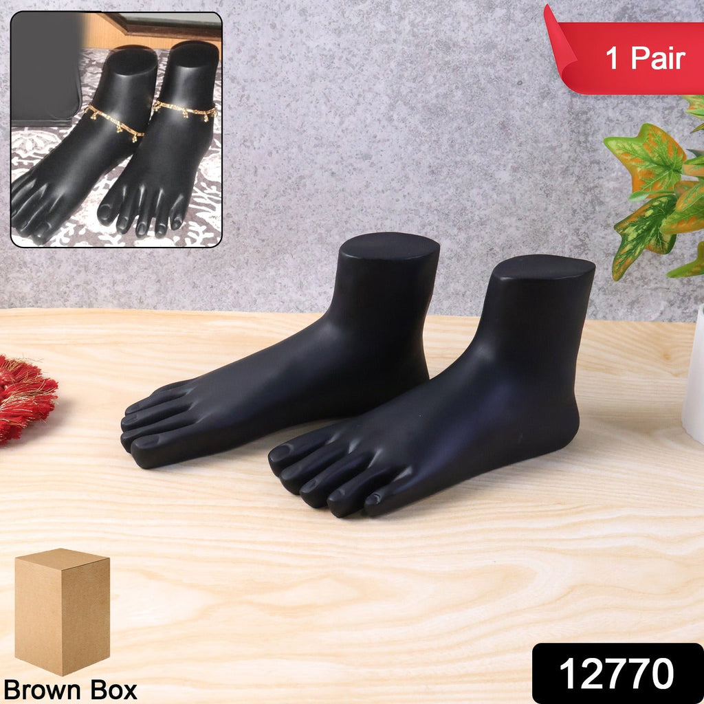 Side view of black foot mannequin display stand pair for showcasing anklets and toe rings