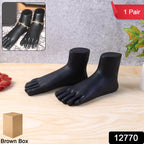 Side view of black foot mannequin display stand pair for showcasing anklets and toe rings