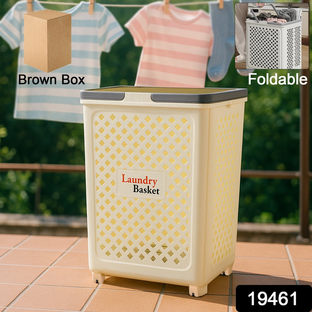 Foldable laundry basket with wheels placed in bedroom setting