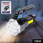 Portable rechargeable LED flashlight showcasing different brightness modes.