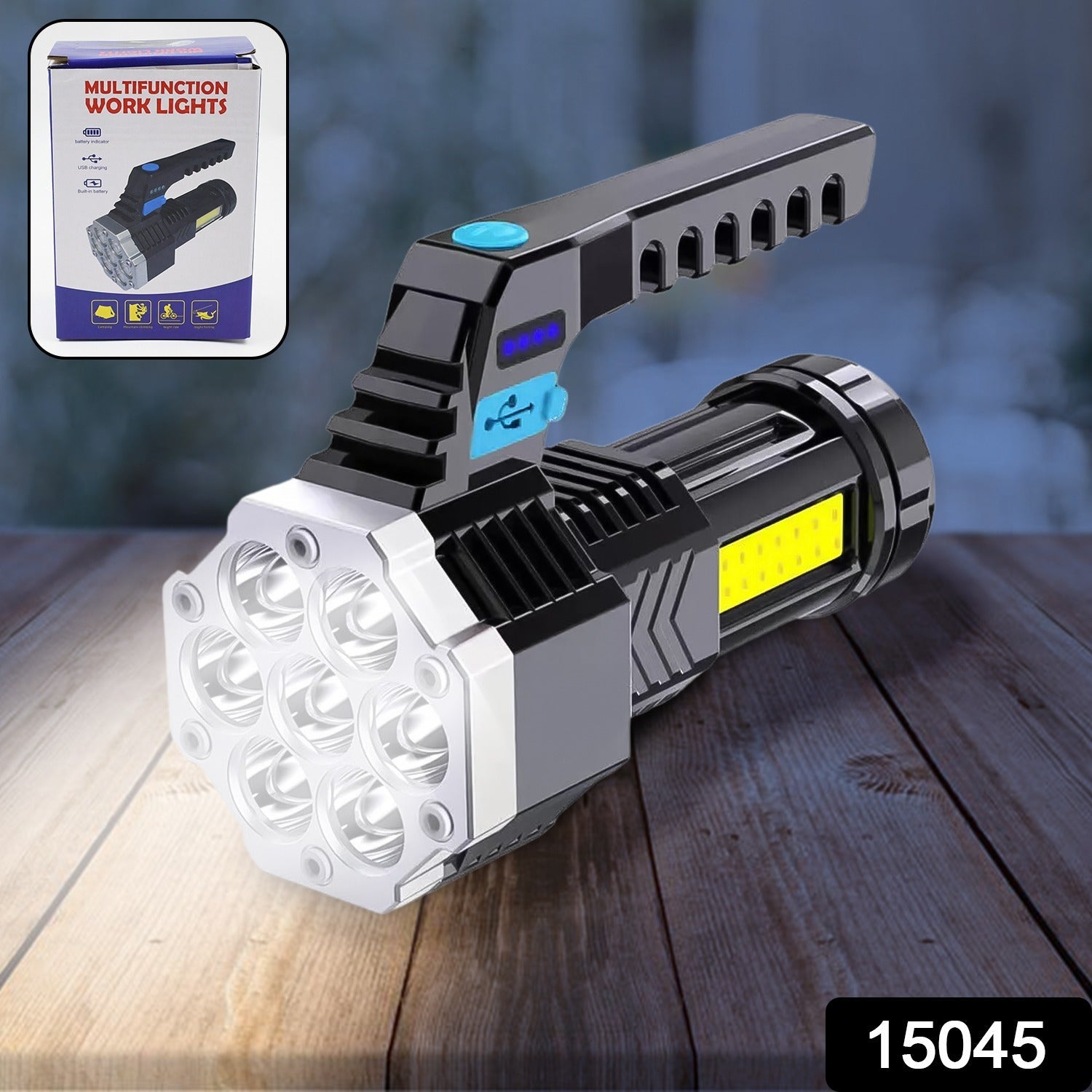 Portable rechargeable LED flashlight showcasing different brightness modes.