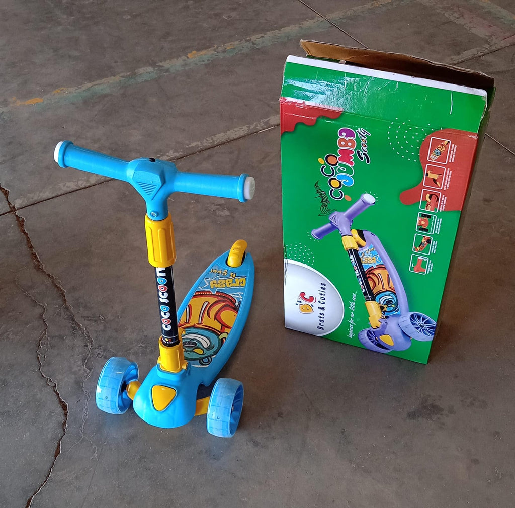 Underside view of kids scooter showing wheel and folding mechanism