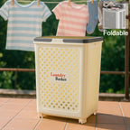 Foldable laundry basket with wheels and ventilation holes