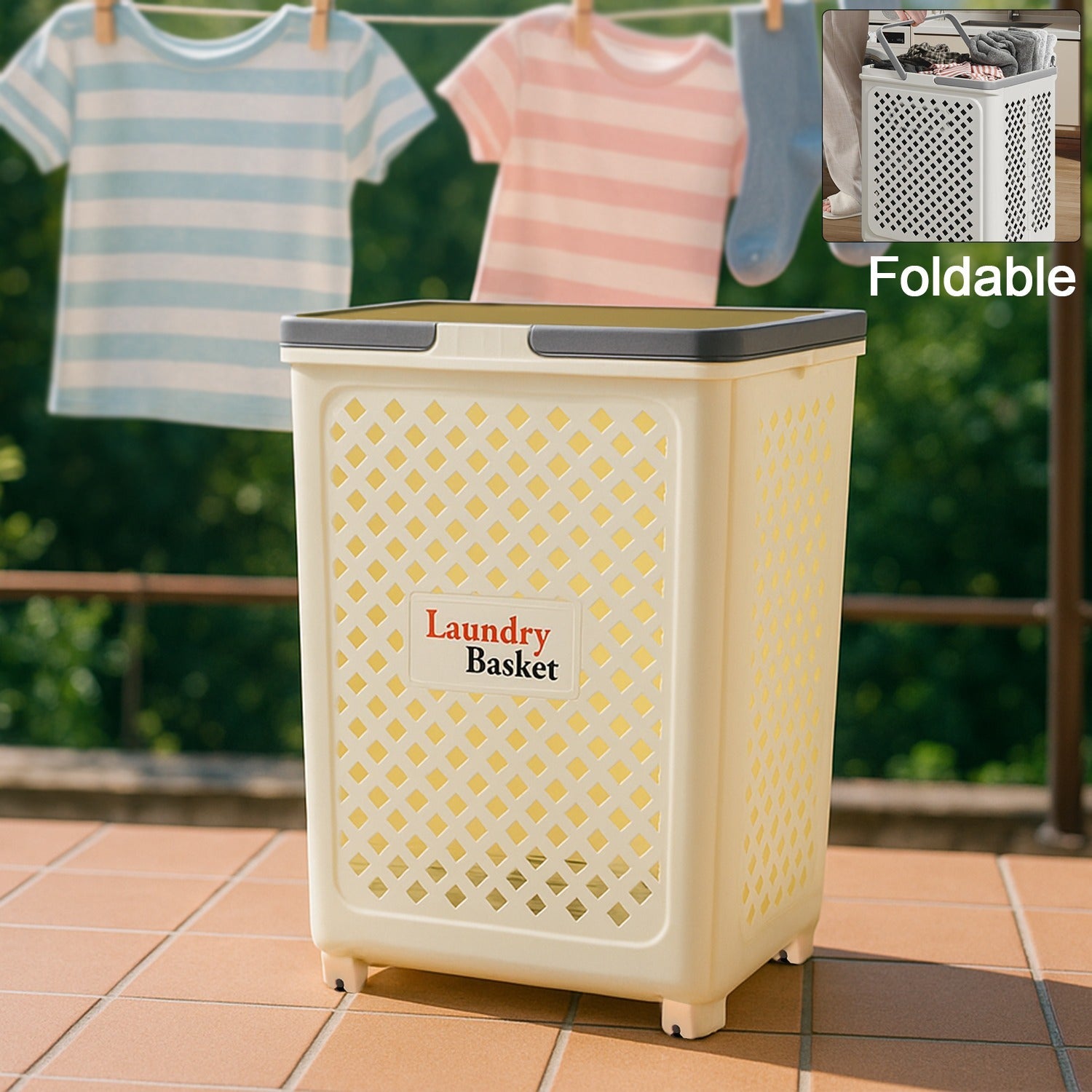 Large foldable laundry basket with wheels in white plastic with ventilated design