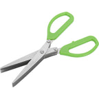 Angled view of multi-blade stainless steel herb scissors