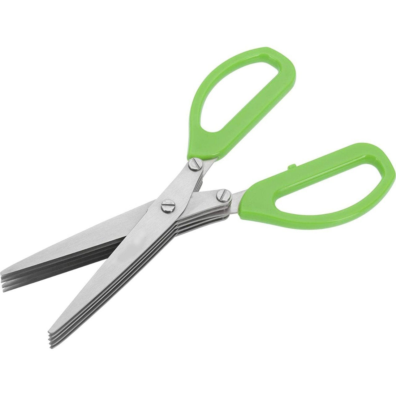 Angled view of multi-blade stainless steel herb scissors
