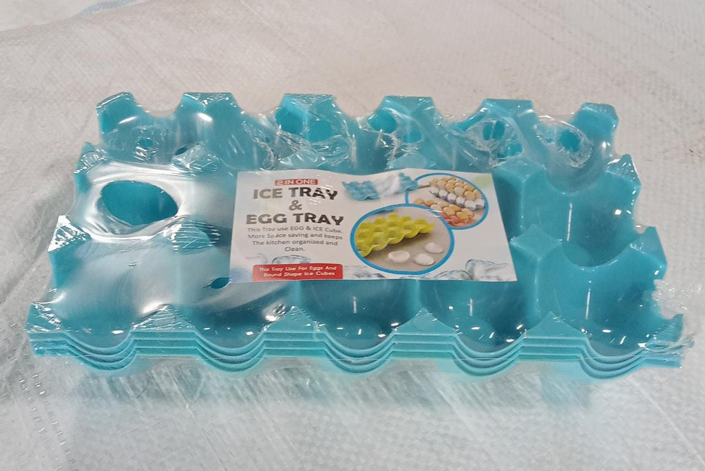 Overhead view of a 4-pack of plastic egg trays, perfect for bulk storage.