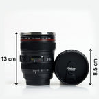 Top-down view of the camera lens mug, showing the sipping hole on the lid.