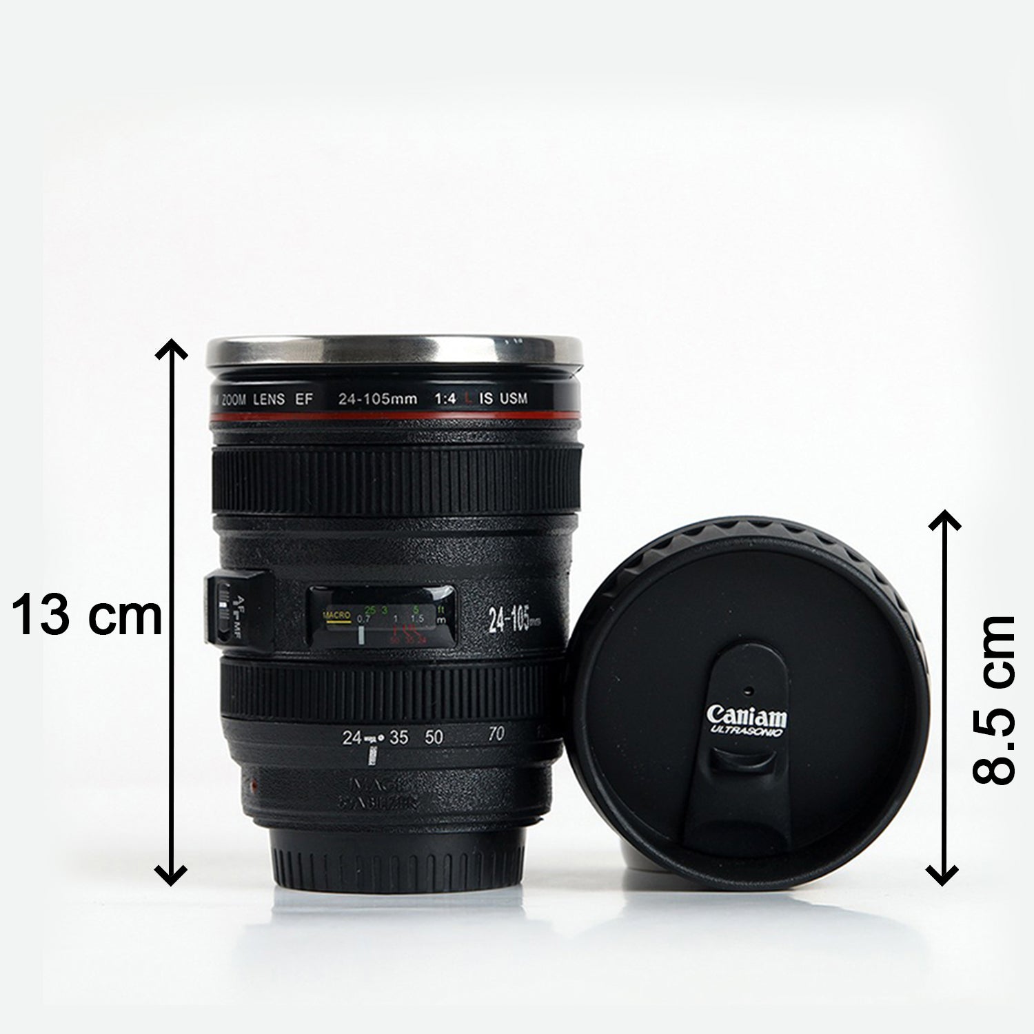 Top-down view of the camera lens mug, showing the sipping hole on the lid.