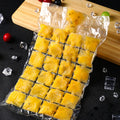 Multiple self-sealing disposable ice cube bags being filled with water for freezing.