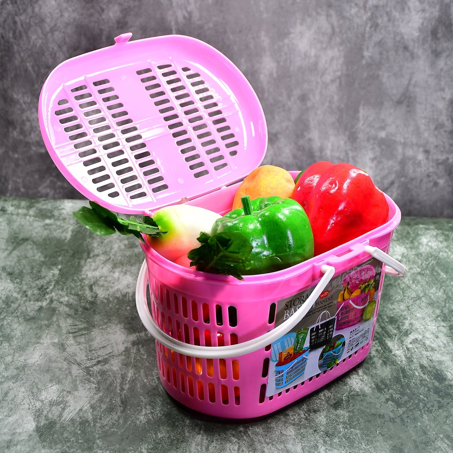 Durable multipurpose basket shown holding fruits, suitable for picnics.