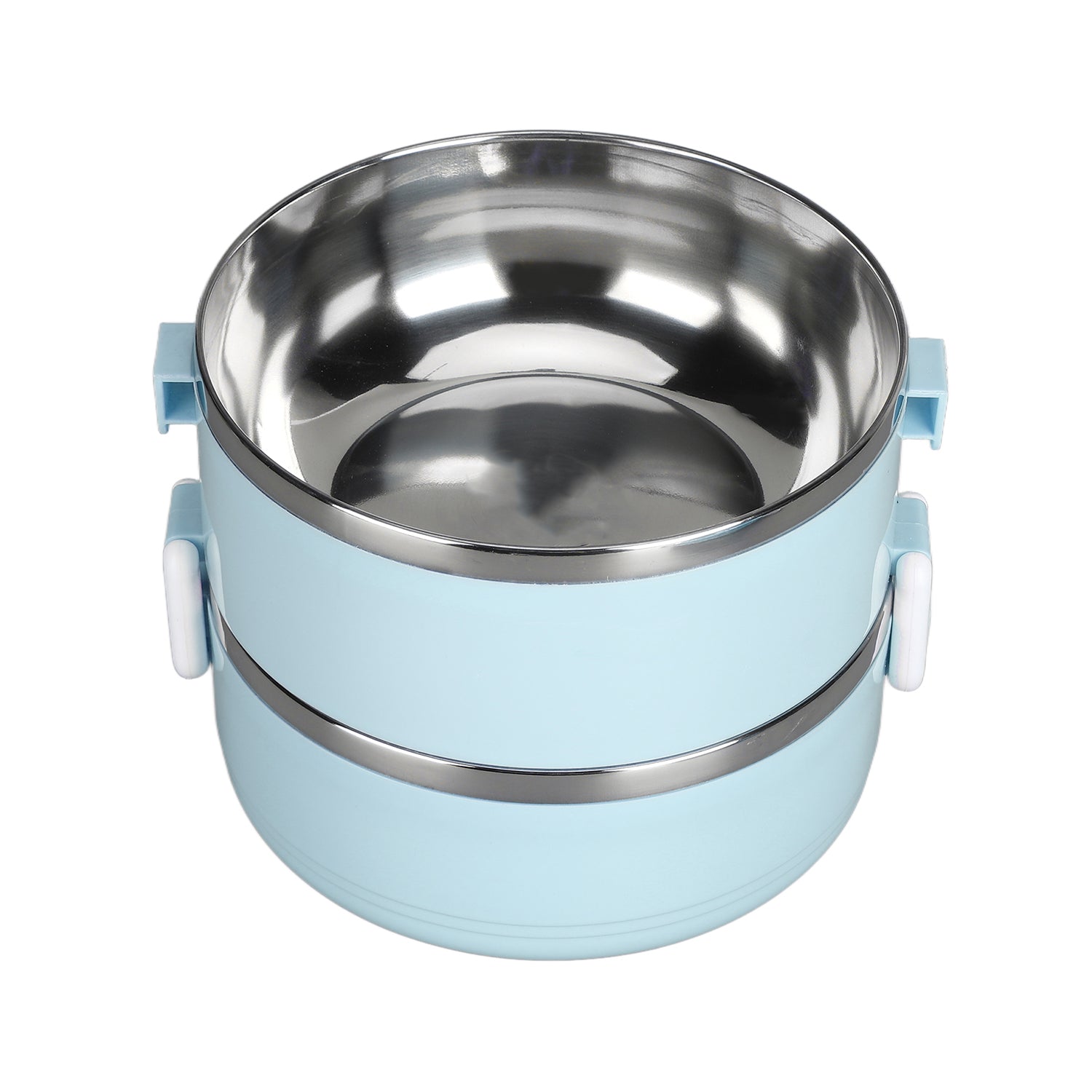 Close-up of the food-grade stainless steel interior of the hot lunch box.