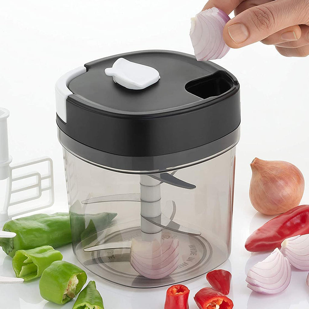 Quickslice 2-in-1 handy chopper and slicer displayed with its blades and container.