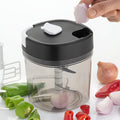 Quickslice 2-in-1 handy chopper and slicer displayed with its blades and container.