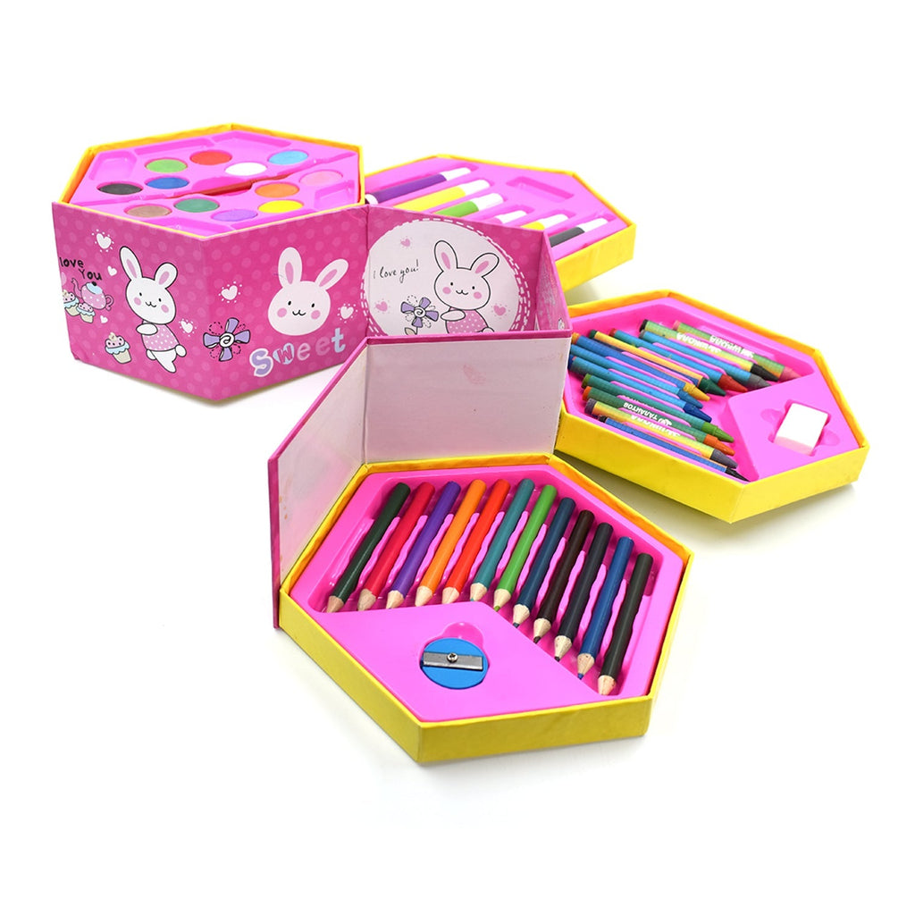 Creative art supplies set with pencils, crayons, watercolors, and sketch pens for young artists.