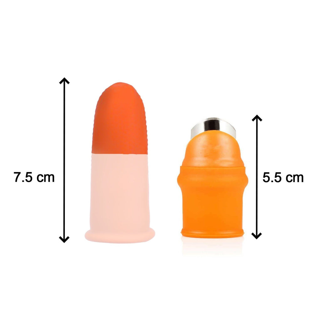 Hand holding the secure vegetable thumb cutter, emphasizing safety.