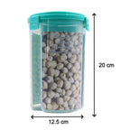 Close-up of the transparent 3-in-1 dispenser with three distinct sections and a secure lid.