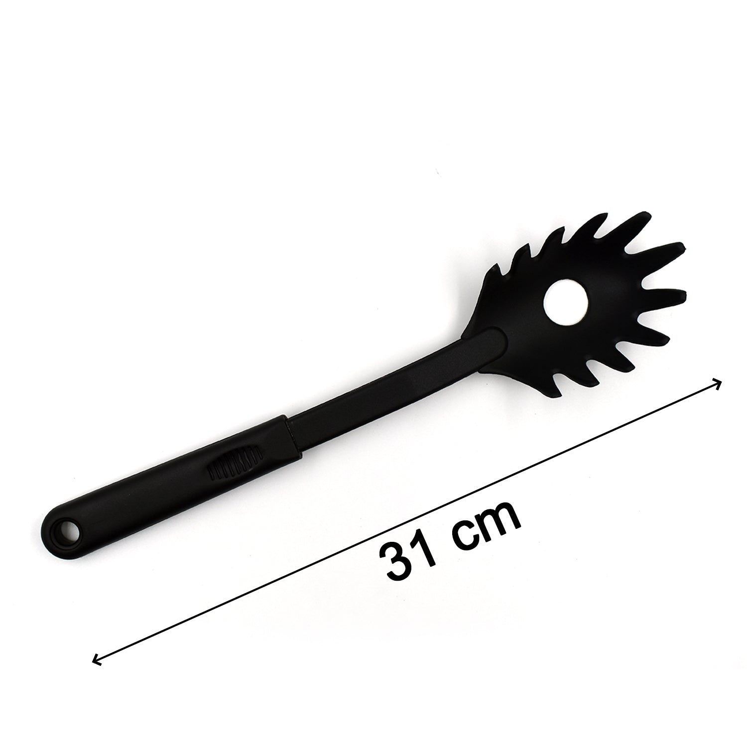 Detailed view of the head of a black heat-resistant pasta server, showing the tapered edge.