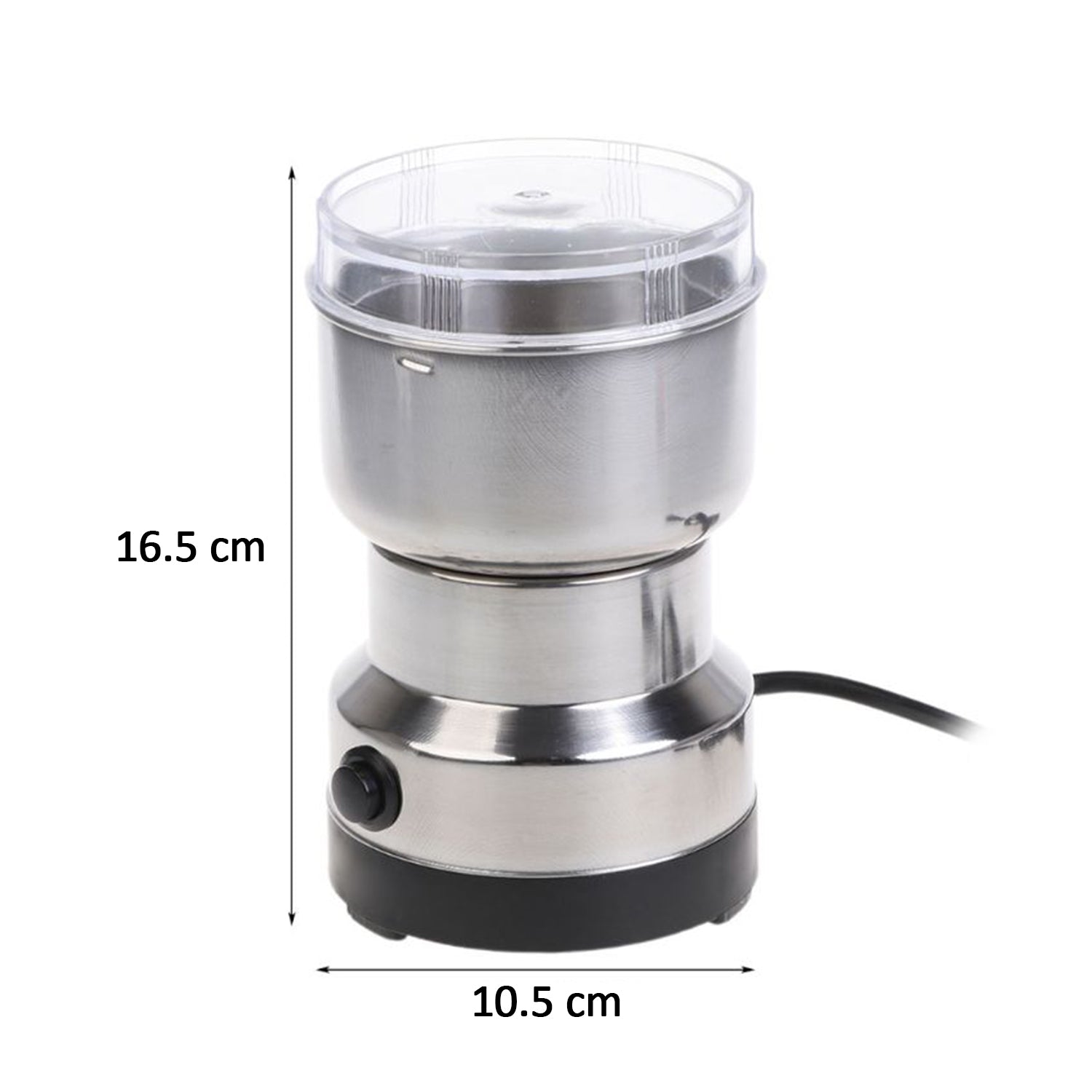Top-down view of the mini electric grinder with its clear lid for monitoring.