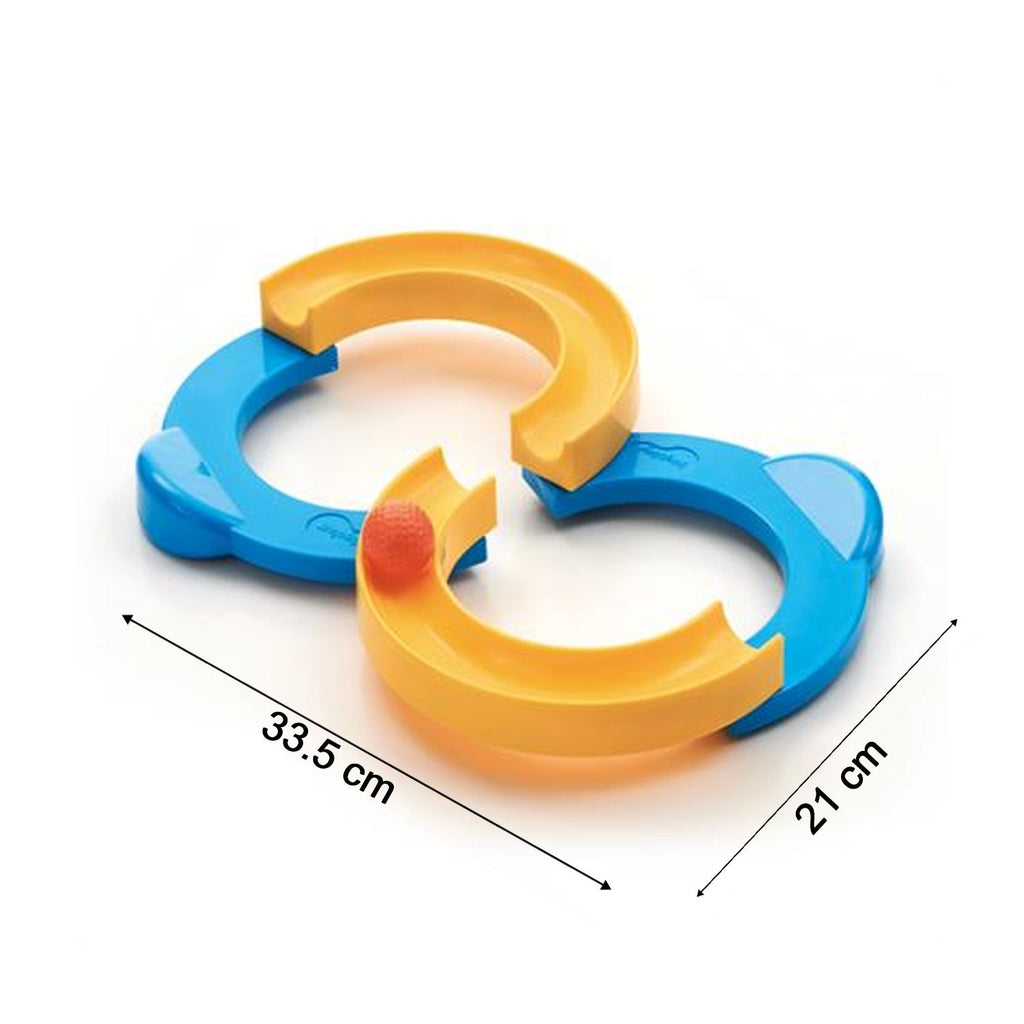 Detailed view of the easy-to-assemble components of the marble run toy set.