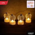 Close-up of an apple LED tealight candle showcasing its golden mesh design.