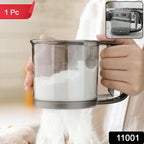 Baking sieve cup with ergonomic handle for easy flour sifting
