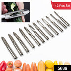 Close-up of a sharp stainless steel peeler blade and its ergonomic handle.