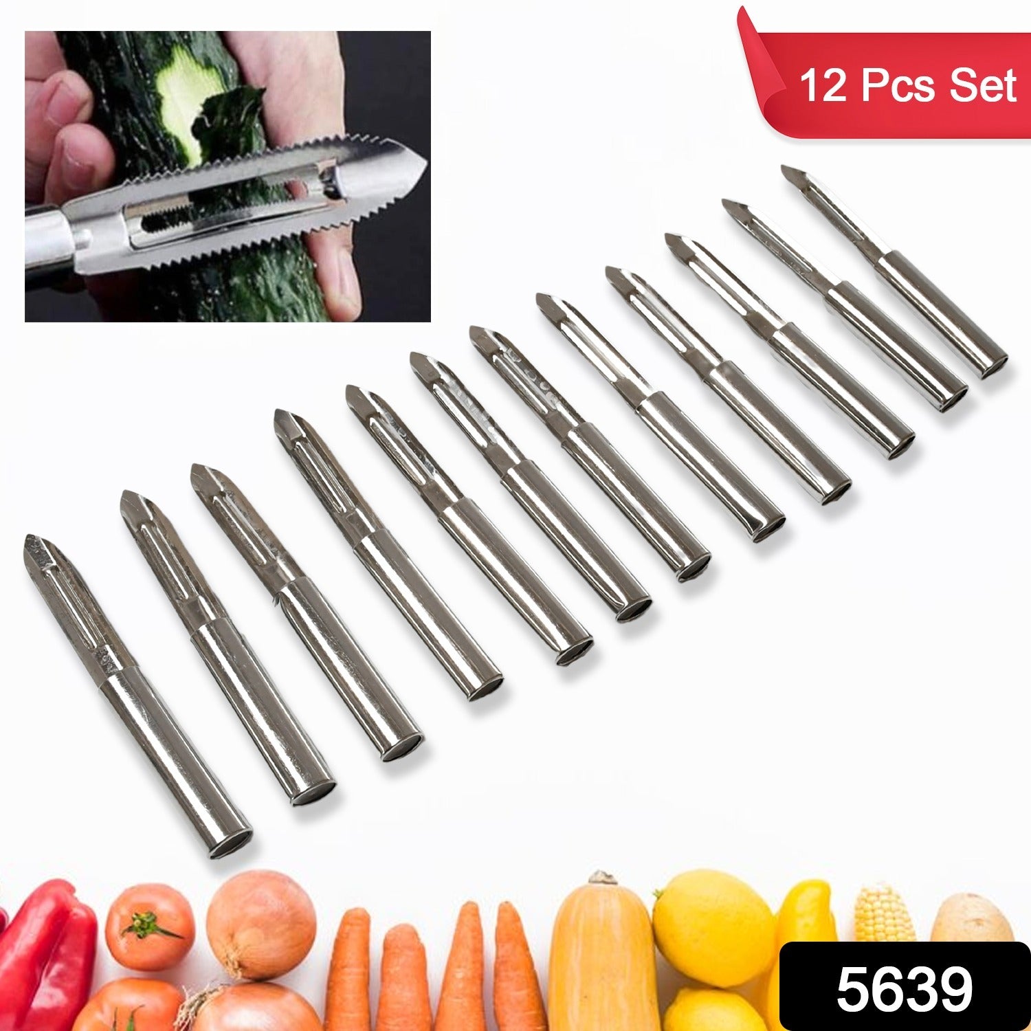 Close-up of a sharp stainless steel peeler blade and its ergonomic handle.