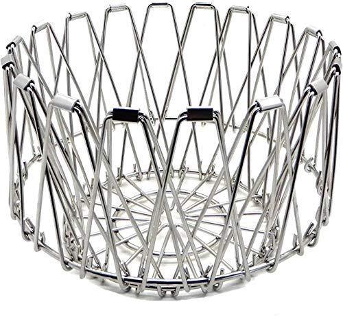 Multipurpose stainless steel wire basket transformed into a stylish fruit bowl for dining.