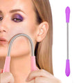 Woman demonstrating the use of a spring facial hair remover on her upper lip.