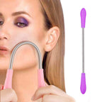 Woman demonstrating the use of a spring facial hair remover on her upper lip.