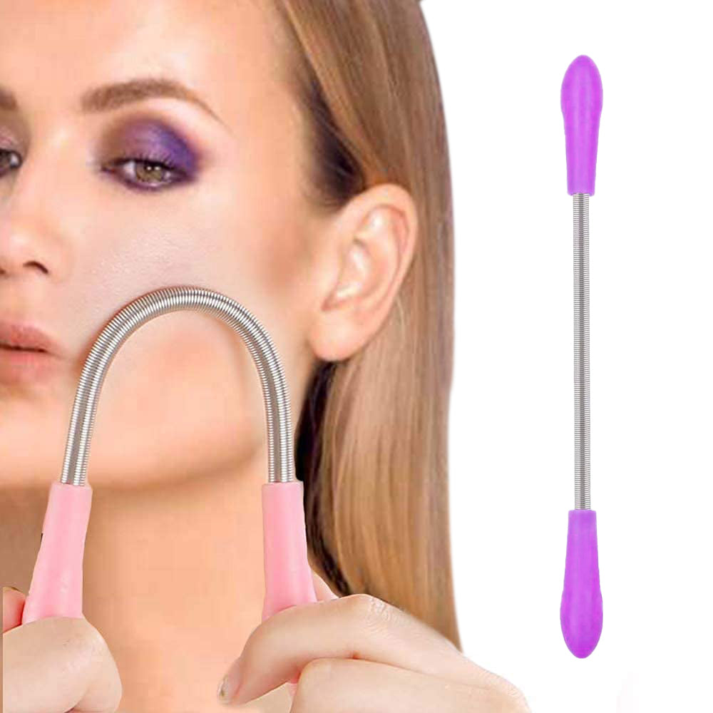 Woman demonstrating the use of a spring facial hair remover on her upper lip.