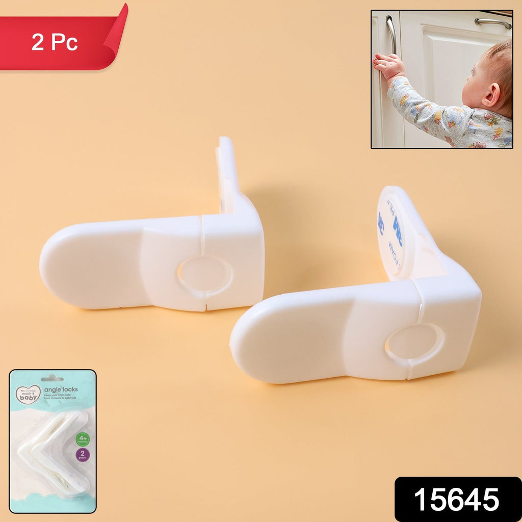 Close-up view of baby safety lock fixed on cabinet door