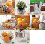 Collapsible stainless steel foldable fruit basket demonstrating its compact storage capability.